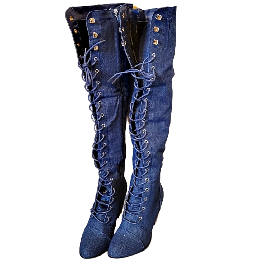 ⭐️2 SIZES LEFT - DARK DENIM LACE-UP KNEE HIGH BOOTS-NIB - Picture 2 of 6